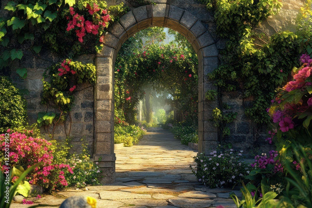 Fototapeta premium A stone gateway leading into a historic garden, framed by lush climbing vines and blooming flowers