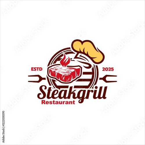 BBQ icon illustration, grill house and bar with grill, fire, fork and spatula for barbecue restaurant logo