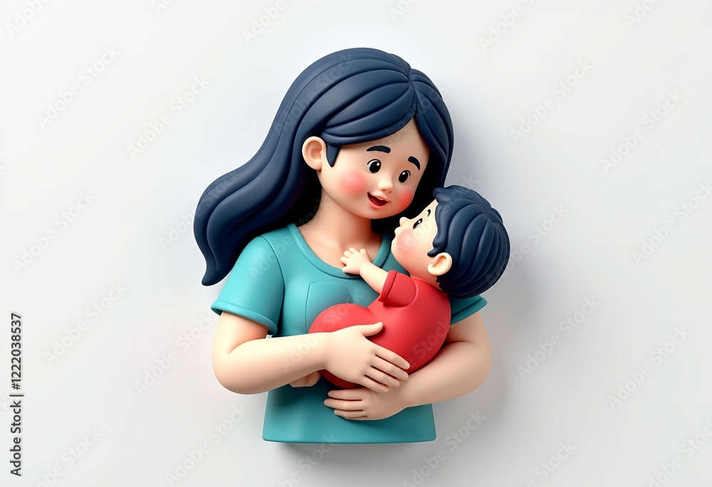 Childlike 3D Icon: Mother Holding Baby, Pastel Clay Style, Dark Blue, White, Red Colors, Family Symbol, Pure White Background, Isolated, Soft Shapes, Children's Design, 3D Illustration.
Childlike 3D Icon: Mother Holding Baby, Pastel Clay Style, Dark Blue, White, Red Colors, Family Symbol, Pure White Background, Isolated, Soft Shapes, Children's Design, 3D Illustration.