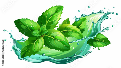 Fresh Mint Leaves Splashing in Crystal Clear Water with Vibrant Green Detail