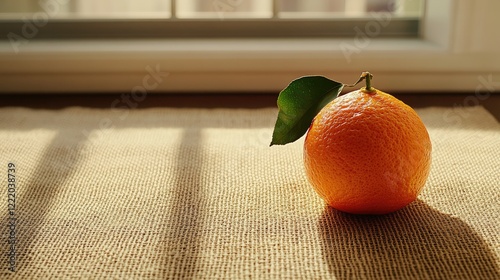 Sun-Kissed Citrus: A vibrant orange, glistening with dew, rests on a textured surface bathed in warm sunlight, casting long shadows.  A single green leaf adds a touch of freshness to the composition. photo