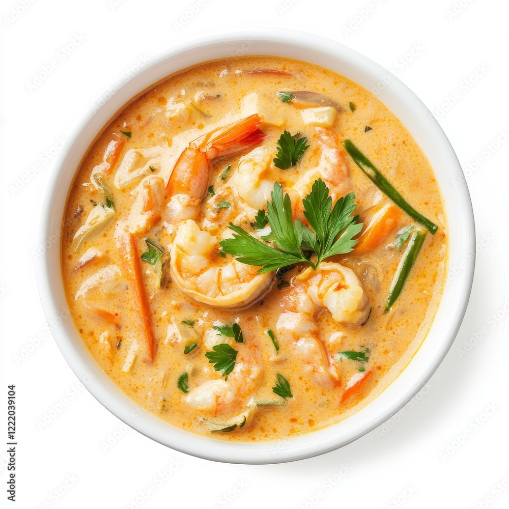 A bowl of creamy coconut curry with shrimp and vegetables, isolated white background, minimalist art style A bowl of creamy coconut curry with shrimp and vegetables, isolated white background, minimalist art style