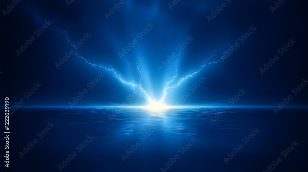 Fototapeta premium Dramatic Blue Lightning Over Calm Ocean at Dusk or Dawn