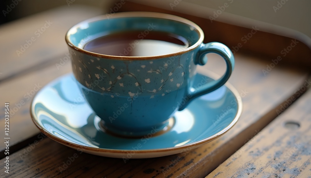 A teal teacup with delicate floral pattern sits on a matching saucer atop a rustic wooden surface. Warm, inviting, and perfect for a cozy moment. A teal teacup with delicate floral pattern sits on a matching saucer atop a rustic wooden surface. Warm, inviting, and perfect for a cozy moment.