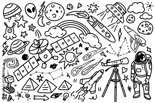 Set of space cosmic doodle and symbols, cute for kid for decoration on white background. Hand drawn background with creative astronomy elements. Education and Science. Vector illustration.