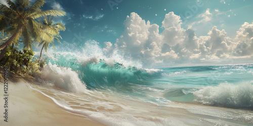Serene Tropical Beach with Waves and Palms