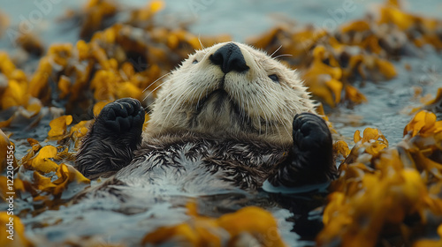 Sea Otter in Kelp Forest: An adorable sea otter floats serenely amidst a vibrant kelp forest, its paws playfully tucked beneath its chin, creating a captivating image of marine wildlife. 