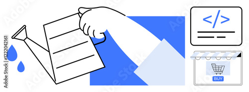 Hand pouring water from a can, nurturing digital elements thumbs up coding and shopping cart. Ideal for online businesses, web development, e-commerce, digital growth, investment, website nurturing