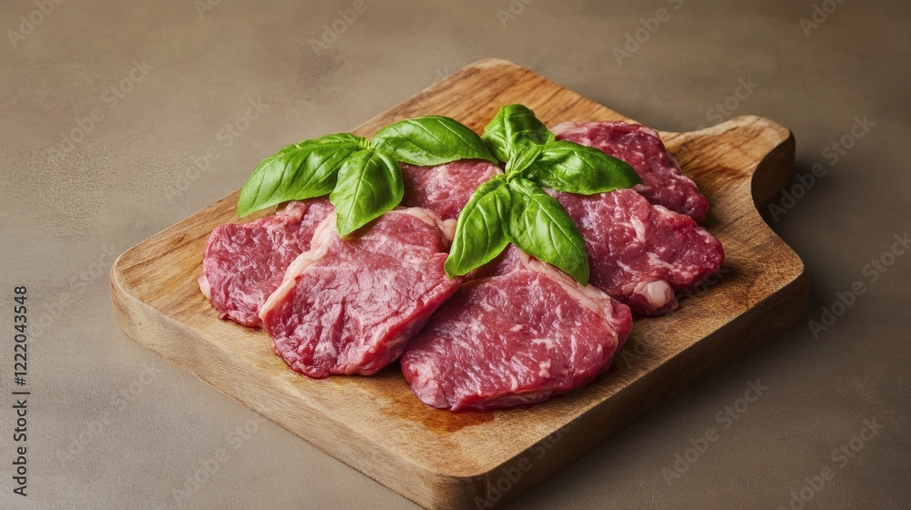 Fresh Raw Beef Steaks with Basil on Wooden Cutting Board Fresh Raw Beef Steaks with Basil on Wooden Cutting Board