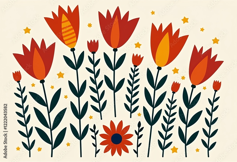 Folk Art Floral Print: Scandinavian Style, Bold Lines, Simple Shapes, Red and Orange Flowers, Balloons, White Background, Blue and Green Tones, Organic, Wall Decor, Folk Art Floral Print: Scandinavian Style, Bold Lines, Simple Shapes, Red and Orange Flowers, Balloons, White Background, Blue and Green Tones, Organic, Wall Decor,