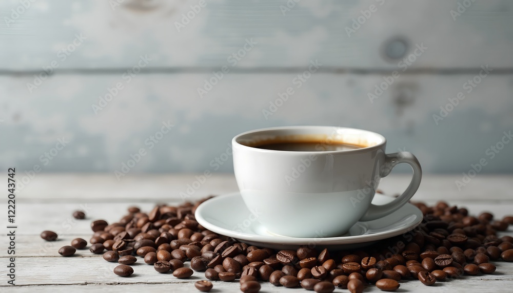 Obraz premium A cup of coffee sits on a saucer surrounded by roasted coffee beans on a rustic wooden surface. A perfect morning brew.