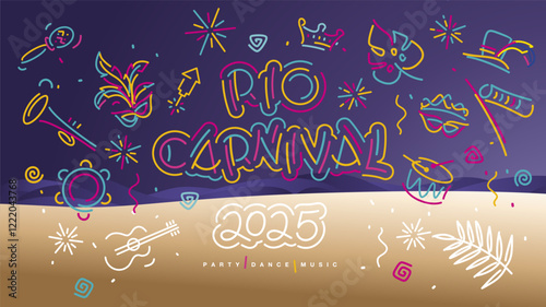 Rio Carnival 2025 new handwriten line design typography party dance music. Mask drums rattles guitar fanfare tambourine crown tiara plants ribbons firework confetti on beach with purple night sky