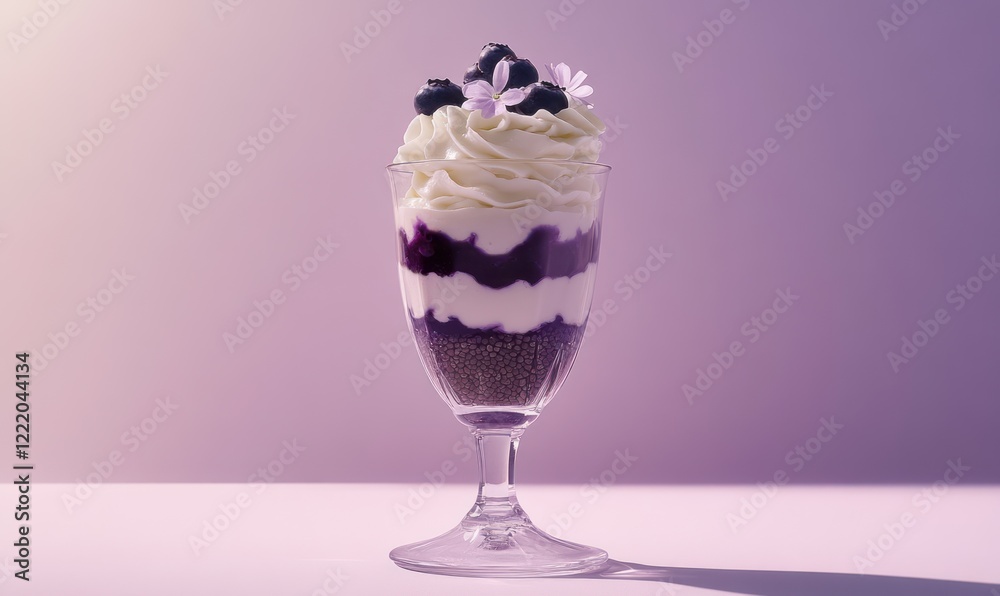Layered sweet dessert in a glass with yogurt, chia seeds, blueberry mousse and cream, decorated with fresh berries and edible flowers, vivid minimalistic background with copy space, AI generated photo Layered sweet dessert in a glass with yogurt, chia seeds, blueberry mousse and cream, decorated with fresh berries and edible flowers, vivid minimalistic background with copy space, AI generated photo