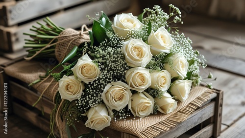 A loose bouquet of white roses, baby's breath, and greenery, wrapped in burlap and tied with jute twine, resting on a wooden crate in a rustic farmhouse setting.