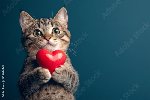 Cute kurilian bobtail kitty cub with animal toy red heart - emblem of love, funny greeting card. Ad campaign visual idea. Kurilian bobtail - my treasured cat. Pet valentine ideas. photo