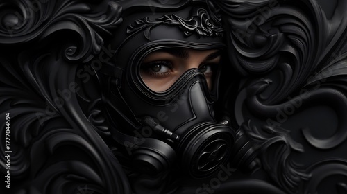 Mysterious Woman in Black Gas Mask, Baroque Ornament photo