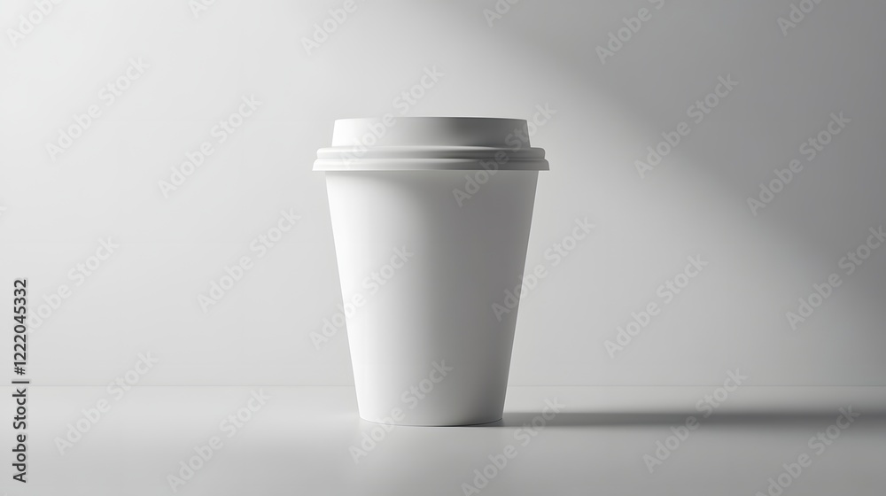 A single white disposable coffee cup stands on a white surface A single white disposable coffee cup stands on a white surface