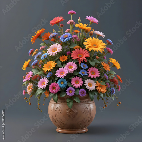 A vibrant 3D render of a multi flower pot