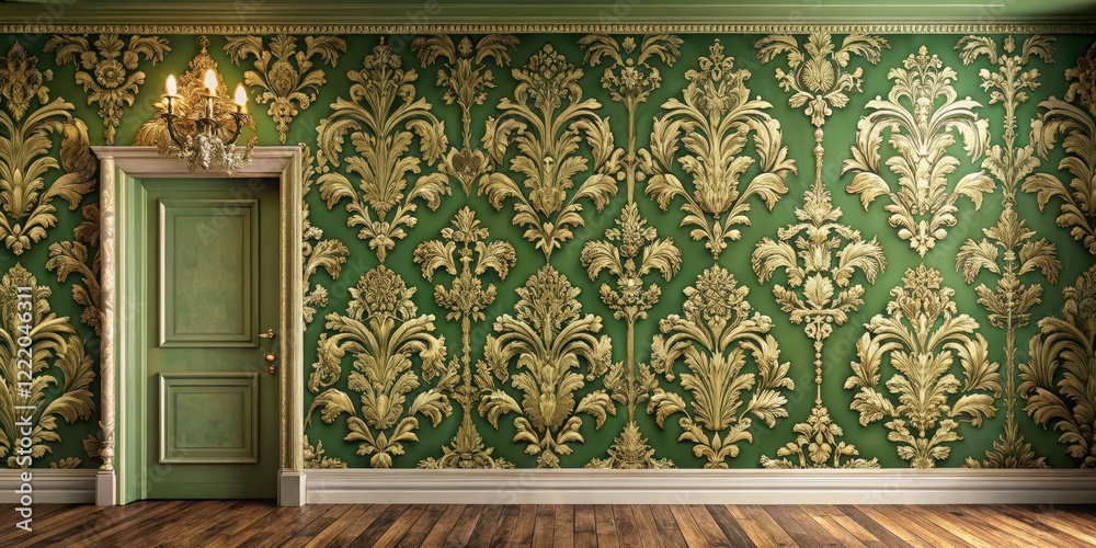 Elegant Green and Gold Damask Wallpaper Interior Design with a Classic Door