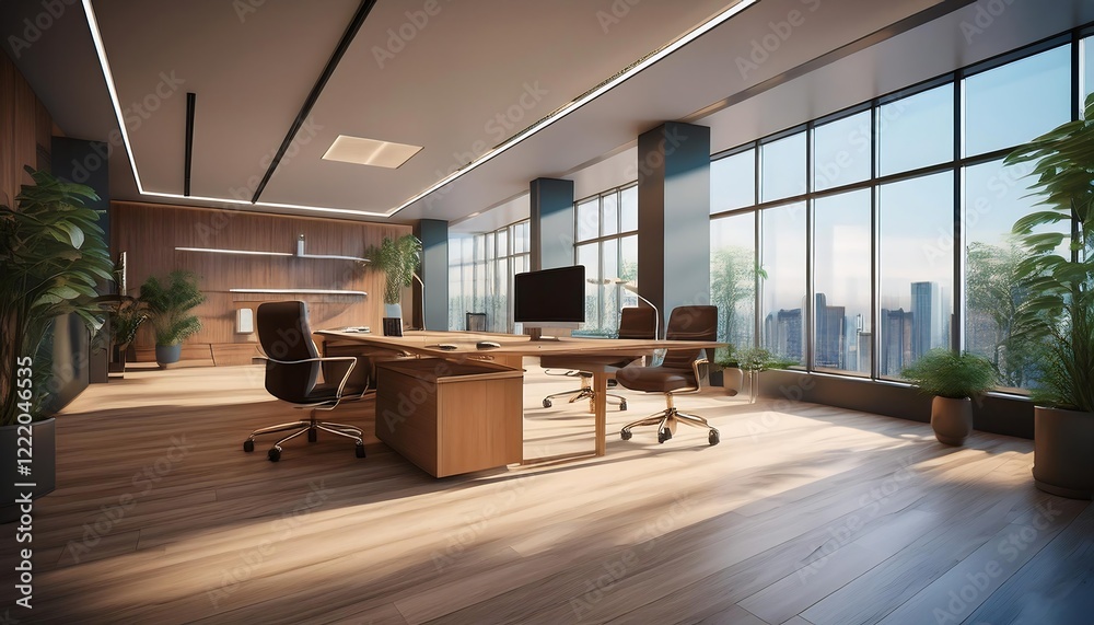 Modern executive office interior with minimal design, large windows, wooden flooring, modern and elegant workspace setup