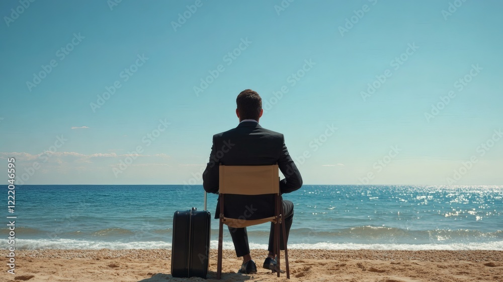 Businessman Contemplating on Beach, Ocean View, Relaxation, Suitcase Businessman Contemplating on Beach, Ocean View, Relaxation, Suitcase