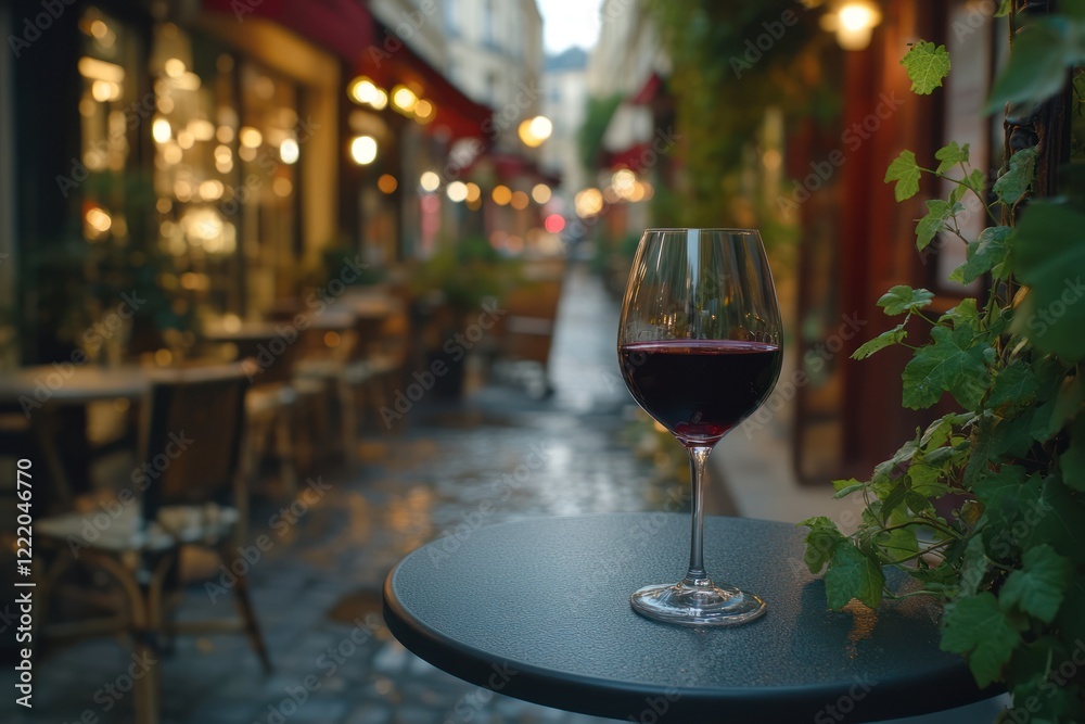 Fototapeta premium Parisian evening, red wine, cobblestone street, cafe ambiance, romantic dinner