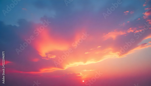 Beautiful colorful sunset background. Blue purple pink orange yellow gold. Evening sky with clouds