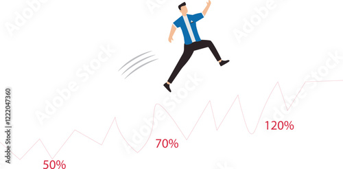 Leap forward, business change or transform to success winning, jump high challenge or progress to achievement, courage to move forward concept, businessman leap forward jump over growth rising graph