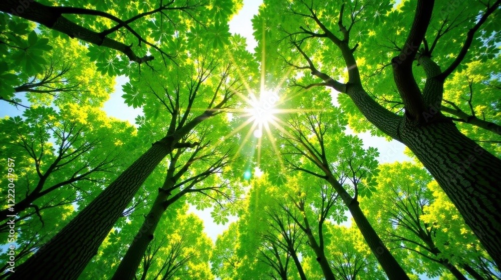 Obraz premium Radiant Sunlight Filtering Through Lush Green Canopy of Trees in a Vibrant Forest