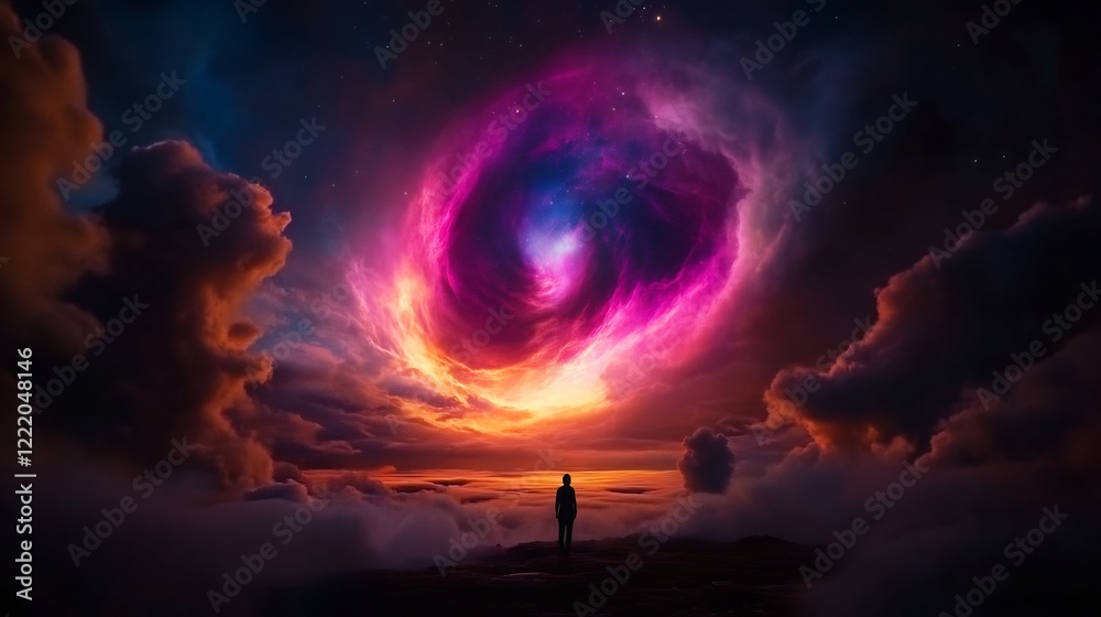 Obraz premium Cosmic Vortex: A Solitary Figure Contemplates the Celestial Enigma