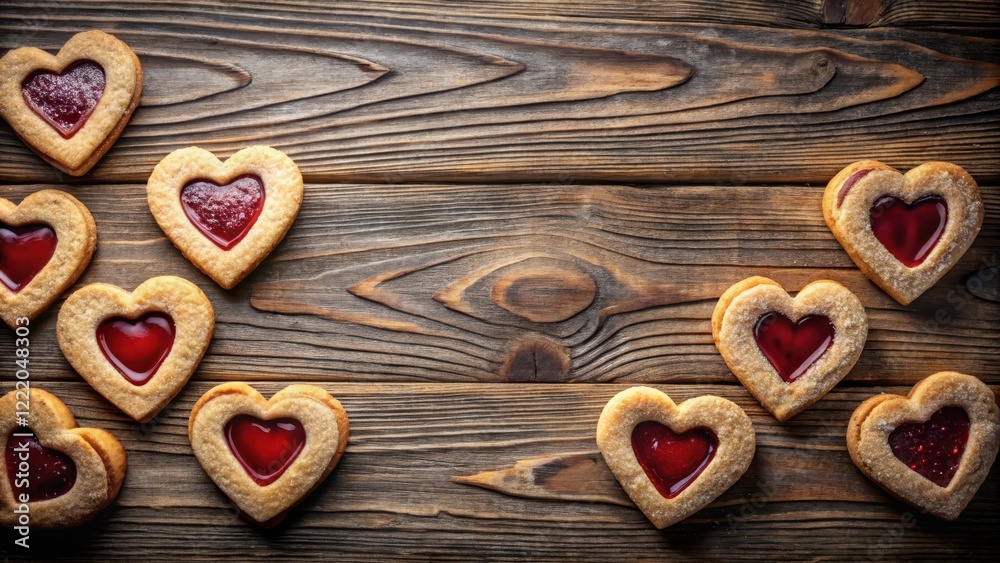 Heart-shaped cookies with red filling arranged on rustic wooden background Heart-shaped cookies with red filling arranged on rustic wooden background