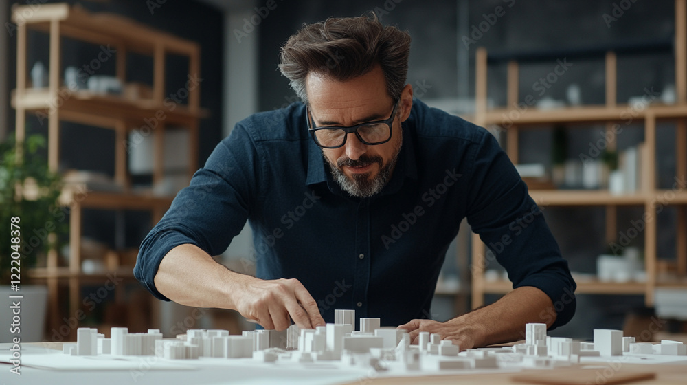 Architect designing a model of a futuristic city layout Architect designing a model of a futuristic city layout