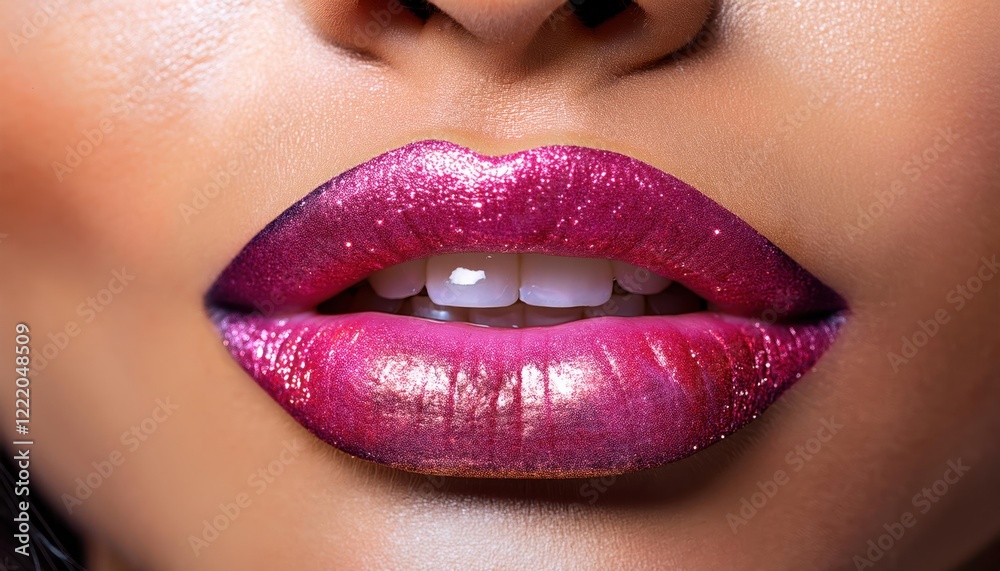 Fototapeta premium Extreme Close-Up of Female Lips with Pink Glittering Glamour Lipstick
