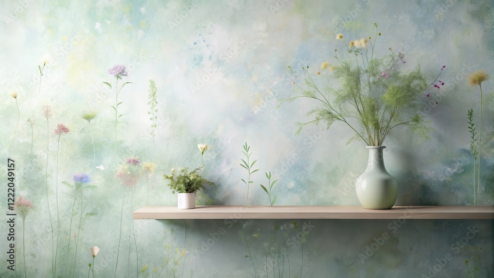 Serene Floral Arrangement on a Wooden Shelf Against a Textured Wall