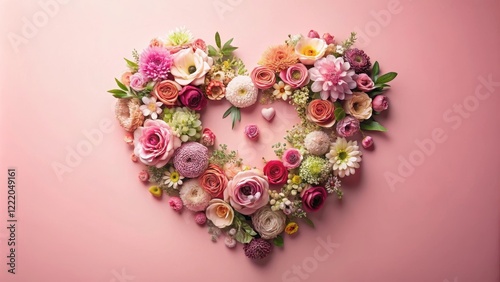Heart-Shaped Floral Arrangement of Delicate Blossoms on Pale Pink Background