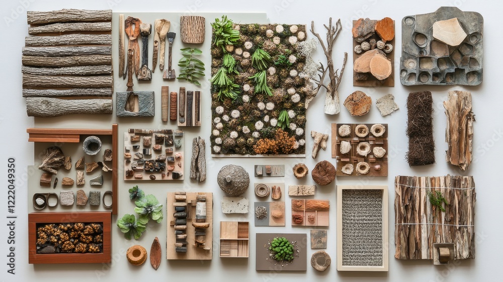 Fototapeta premium A creative board filled with building, textile, and natural materials. Also, some accessories on a plain background.