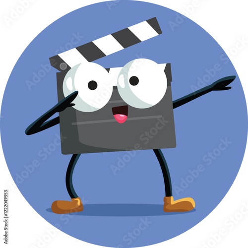Happy Cheerful Film Slate Mascot Vector Cartoon Design. Cinema clapper character dabbing and dancing 
