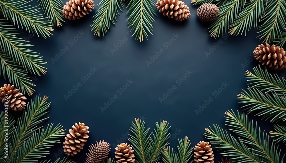 Naklejka premium Festive winter frame with pine branches and cones on a dark background. Perfect for holiday cards or winter themed designs.