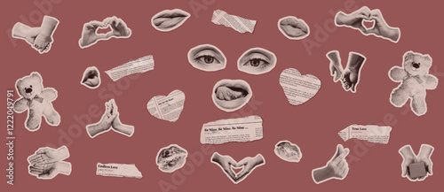 Valentine's day big Set of collage paper cut out symbols from newspapers. Isolated vector illustration of groovy heart shaped eyes, hands, mouth, teddy, gift for romantic nostalgic and vintage designs