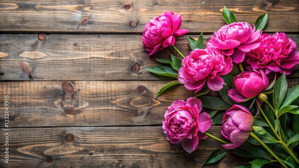 Vibrant Pink Peonies Arranged on Rustic Wooden Surface Vibrant Pink Peonies Arranged on Rustic Wooden Surface