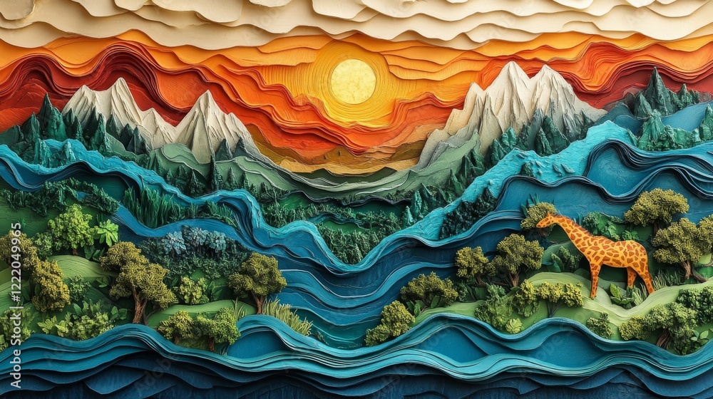 Layered Paper Landscape with Giraffe Sunrise Mountains and Flowing Rivers a Textured Papercut Art Piece Layered Paper Landscape with Giraffe Sunrise Mountains and Flowing Rivers a Textured Papercut Art Piece