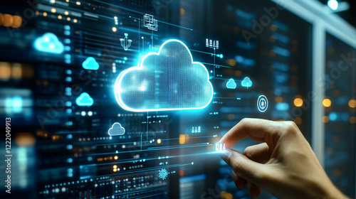 Modern server room featuring advanced cloud technology and digital interfaces for data management and storage in a secure environment. Generative AI