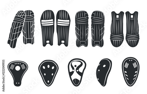 Gloves Clip Art Vector Isolated Collection, Cricket Gloves Silhouette Icon Set, Professional Cricket Gloves Equipment Set.