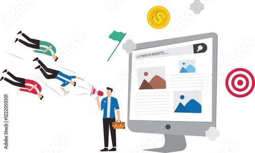 Lead generation, marketing campaign to attract client, customer or user to visit website, SEO strategy or traffic, online media advertising concept, marketing businessman draw customer to website