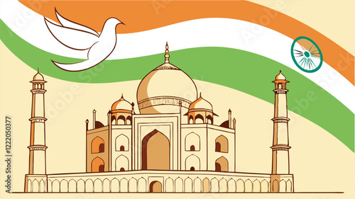 Indian Independence Day celebration, patriotic silhouettes, waving flag, national monuments