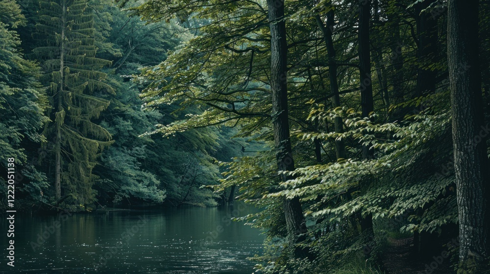 Obraz premium Forest lake, tranquil scene, lush trees, background mist, nature