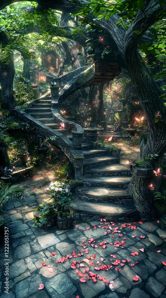Fototapeta premium Enchanted Forest Path Stone Steps Butterflies Flowers Fantasy Garden