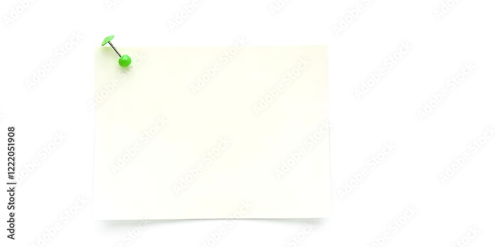 A bright green sticky note paper pinned to a surface with pushpin. The background is plain and white A bright green sticky note paper pinned to a surface with pushpin. The background is plain and white