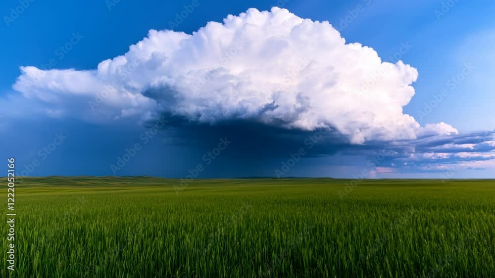 A dramatic thunderstorm cloud looms over a vibrant green field, illuminated by lightning against a clear blue sky. A dramatic thunderstorm cloud looms over a vibrant green field, illuminated by lightning against a clear blue sky.