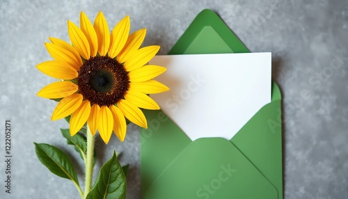 A bright sunflower rests beside a green envelope and blank card. Perfect for a thank you note, birthday message, or any heartfelt communication.